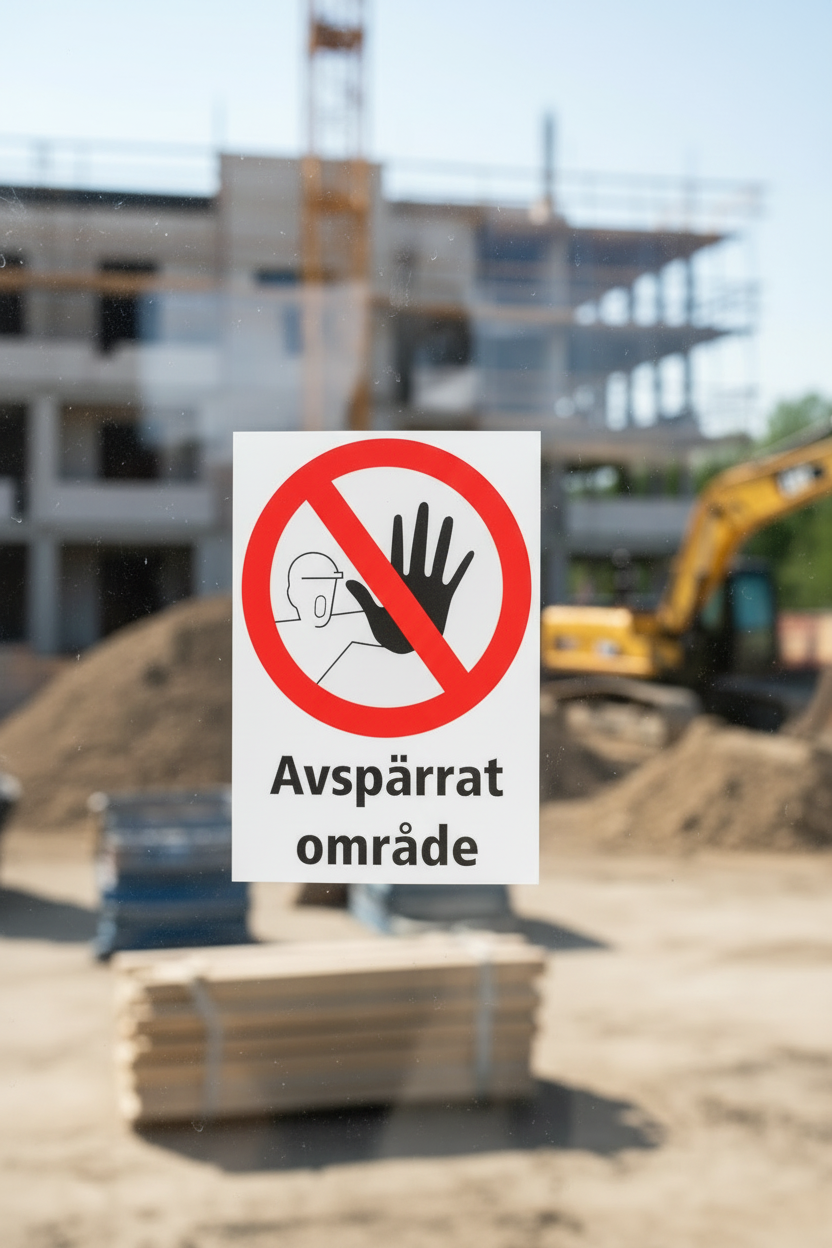 Dekal avspärrat område med byggarbetsplats i bekgrunden