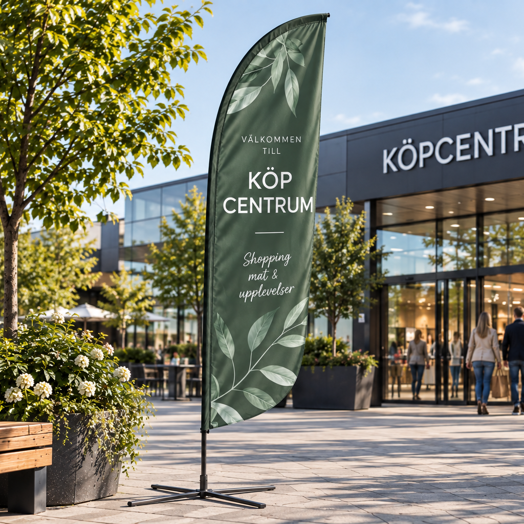 Beachflagga utanför köpcentrum