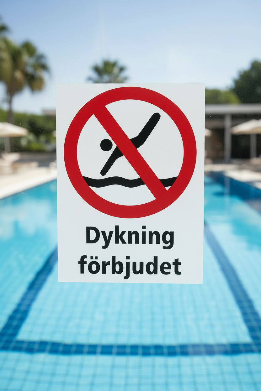 Dekal dykning förbjudet på dörr mot pool