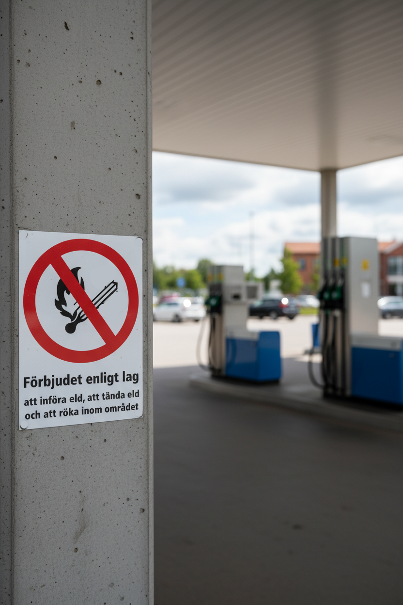 Dekal ingen öppen eld, på en bensinstation