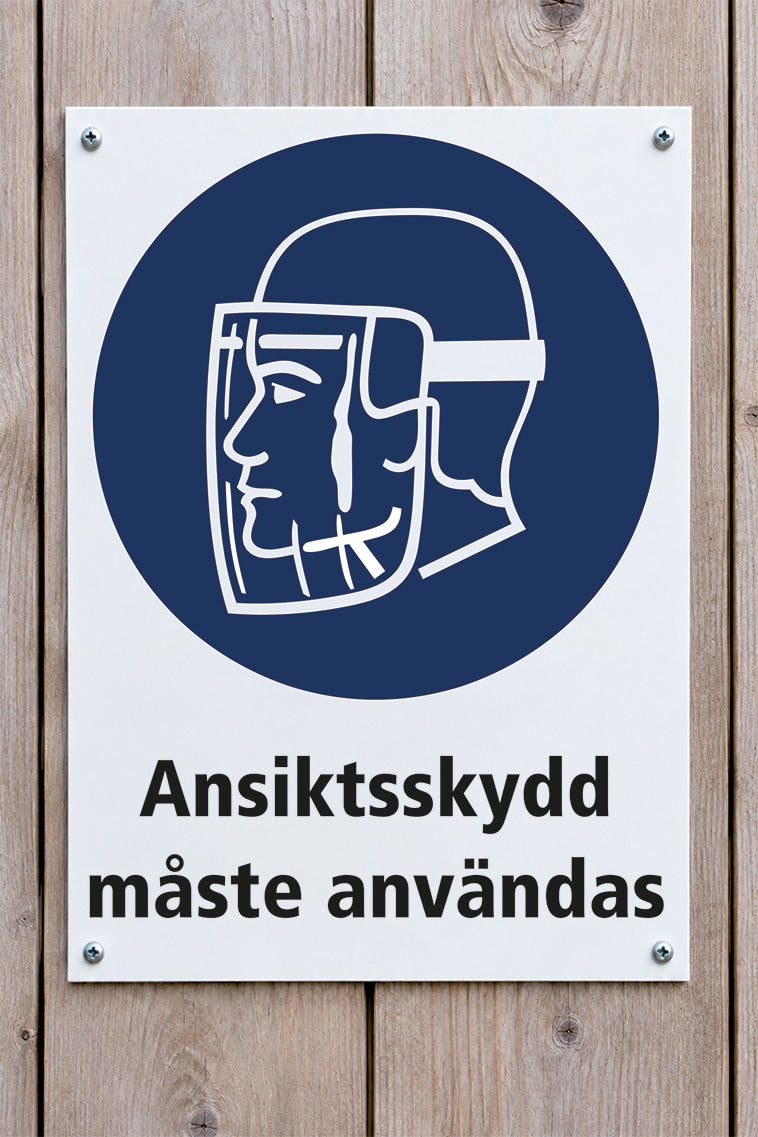 Påbudsskylt på trävägg, Ansiktsskydd