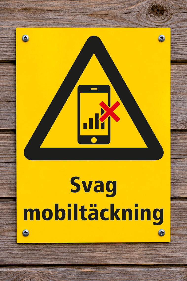 Varningsskylt på trävägg, Svag mobiltäckning