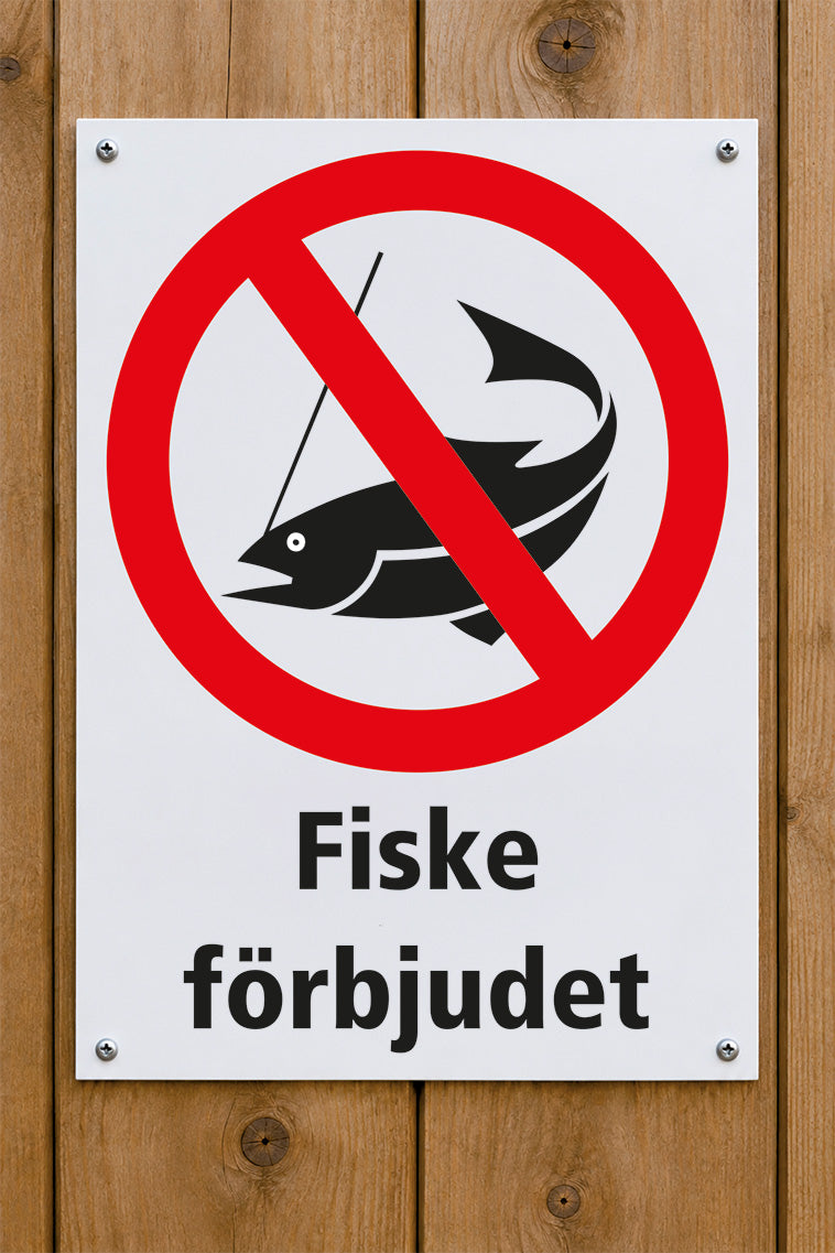 Förbudsskylt på trävägg, Fiske förbjudet