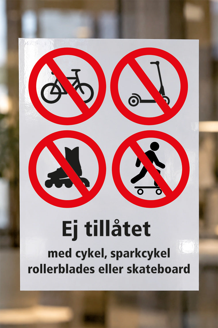 Förbudsdekal på glas, Ej tillåtet cykel, spark, rollerblades, skateboard