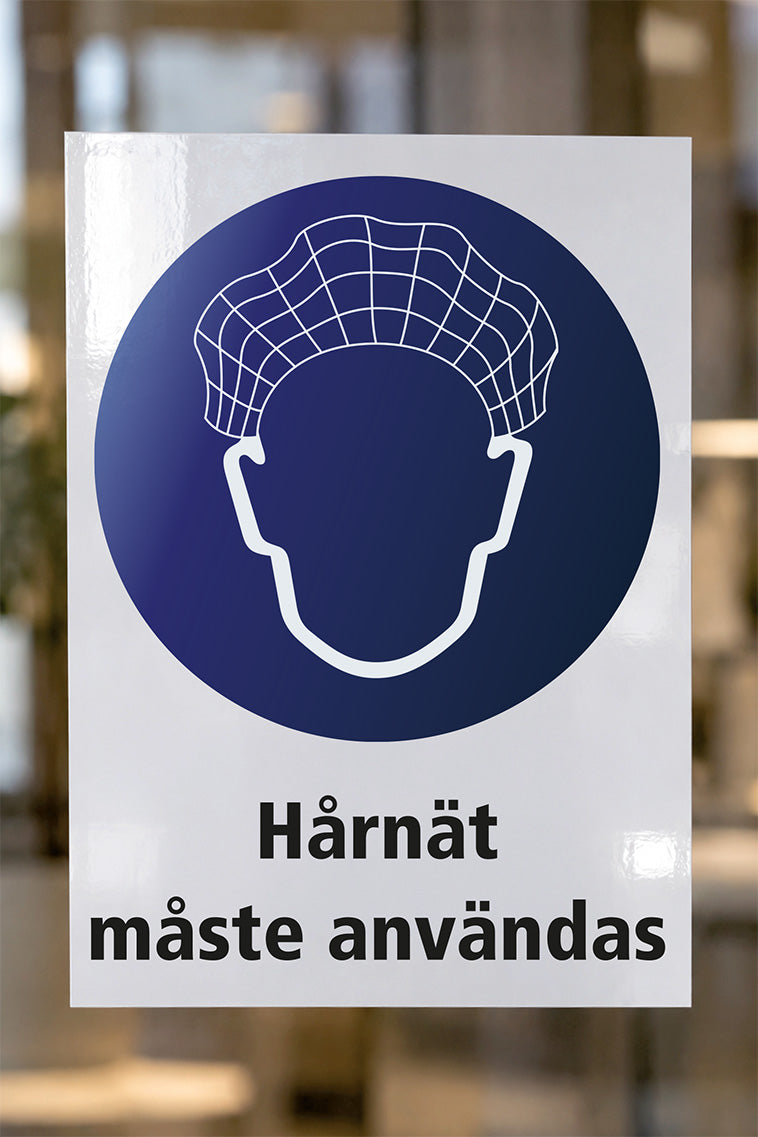 Påbudsdekal på glas, Hårnät måste användas