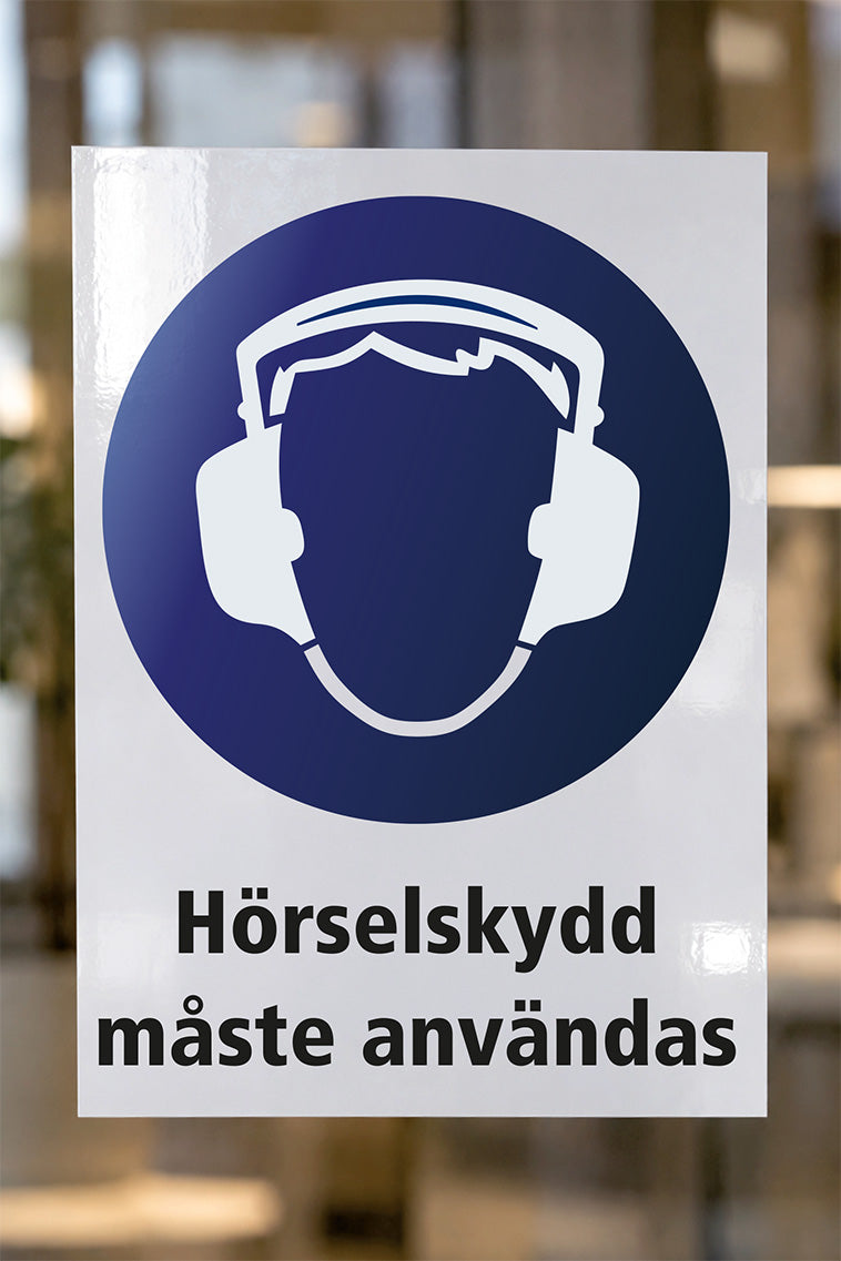 Påbudsdekal på glas, Hörselskydd
