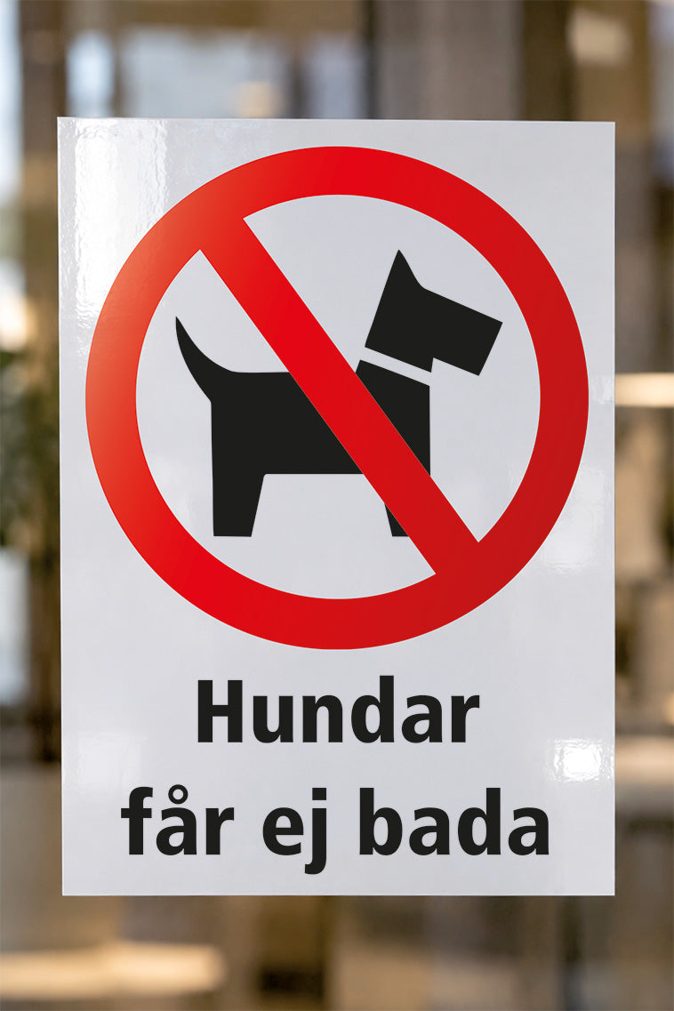 Förbudsdekal på glas, Hundar får ej bada