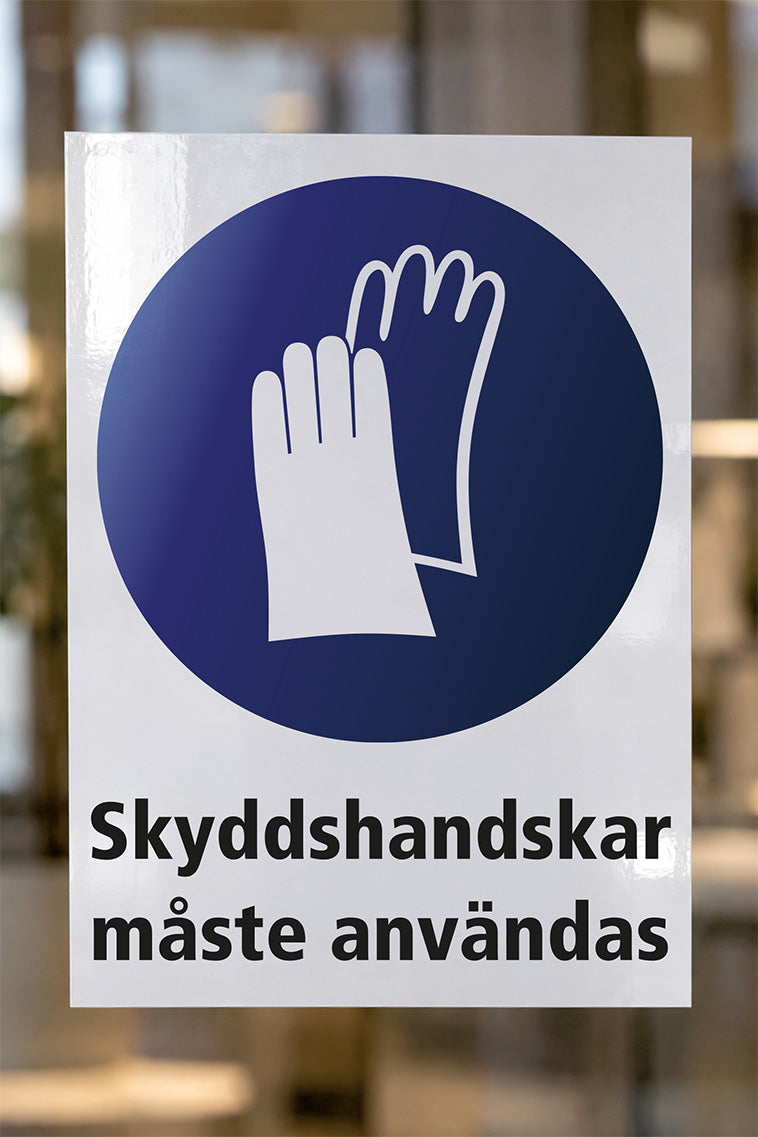Påbudsdekal på glas, Skyddshandskar