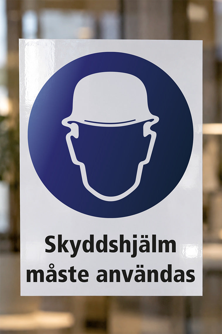 Påbudsdekal på glas, Skyddshjälm