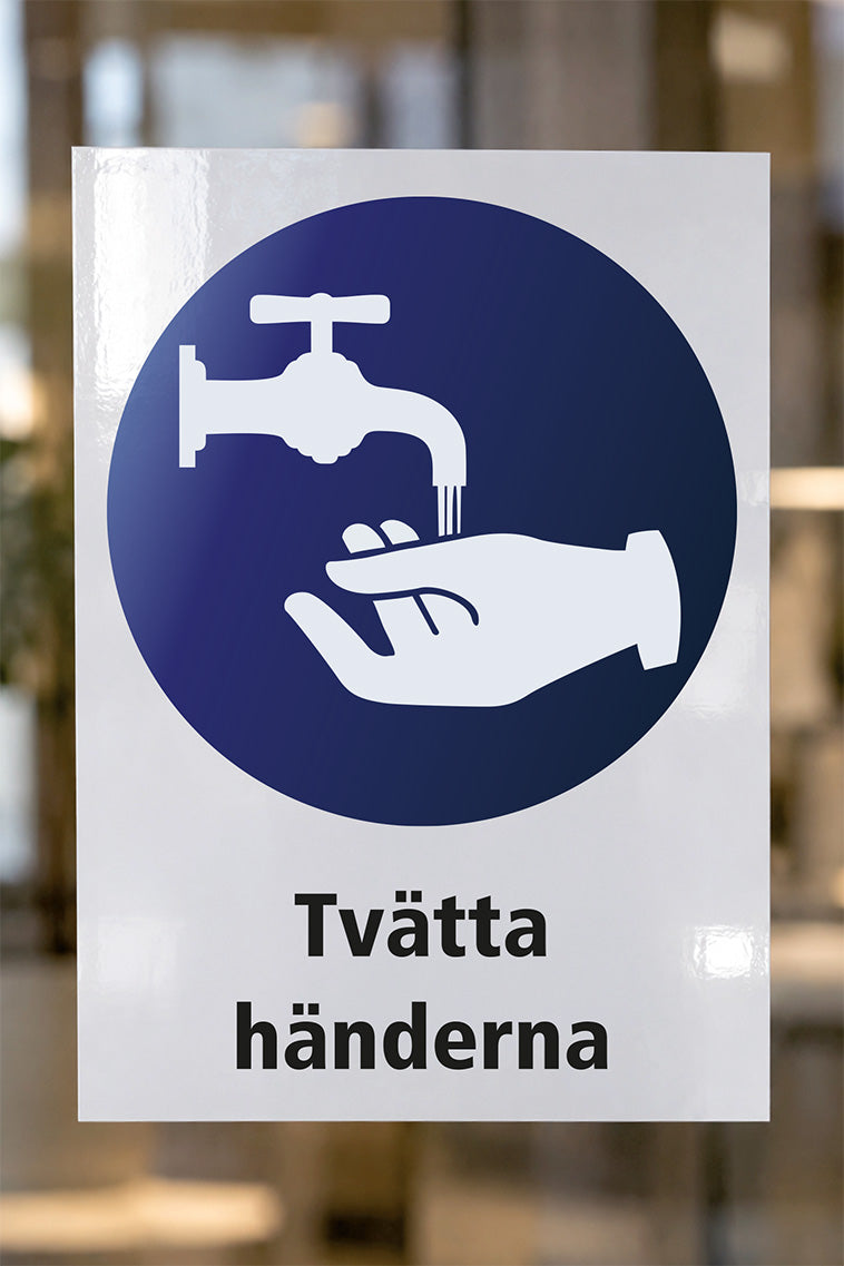 Påbudsdekal på glas, Tvätta händerna