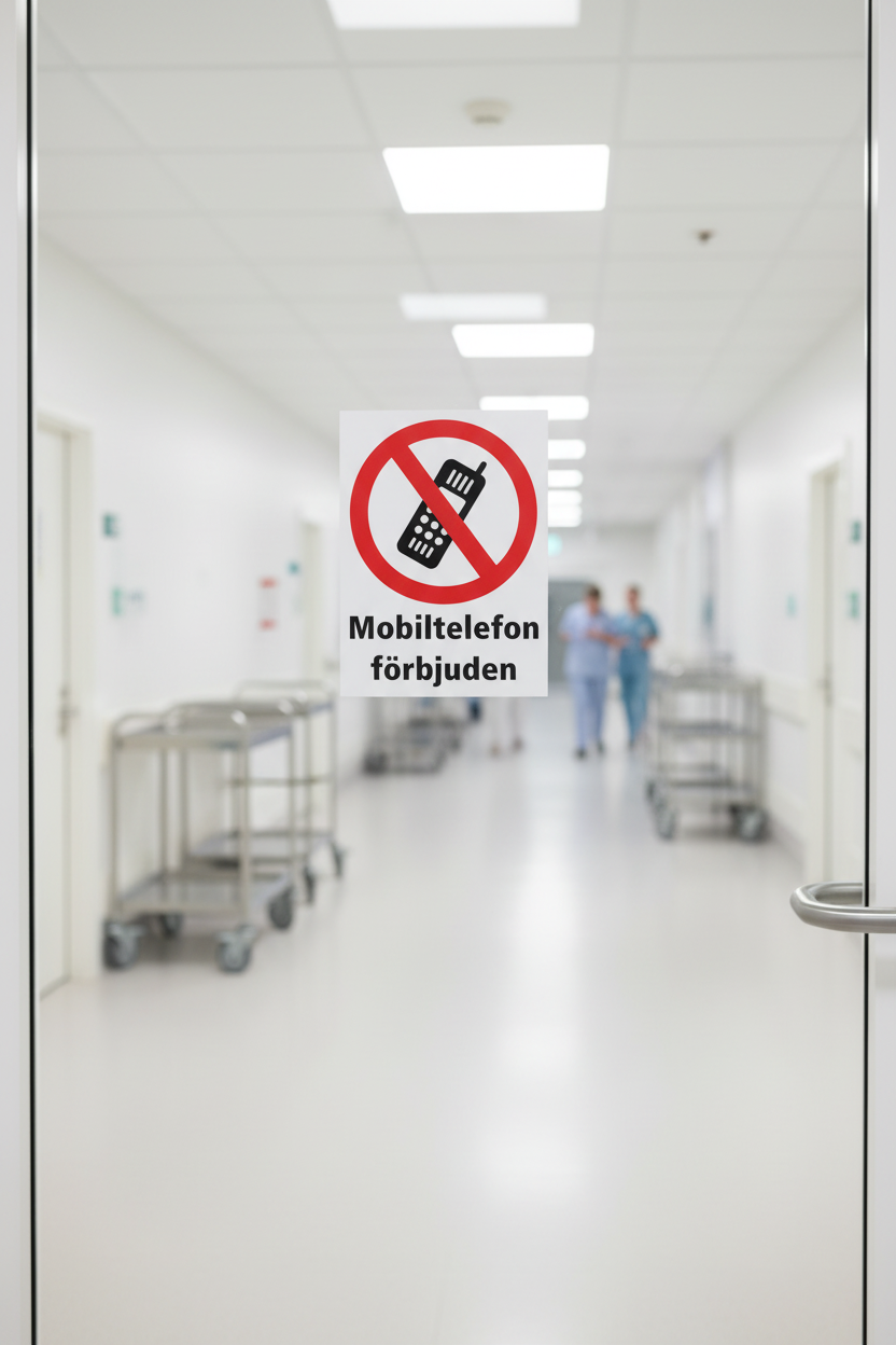 Dekal Mobiltelefon förbjuden, på glasdörr i sjukhusmiljö