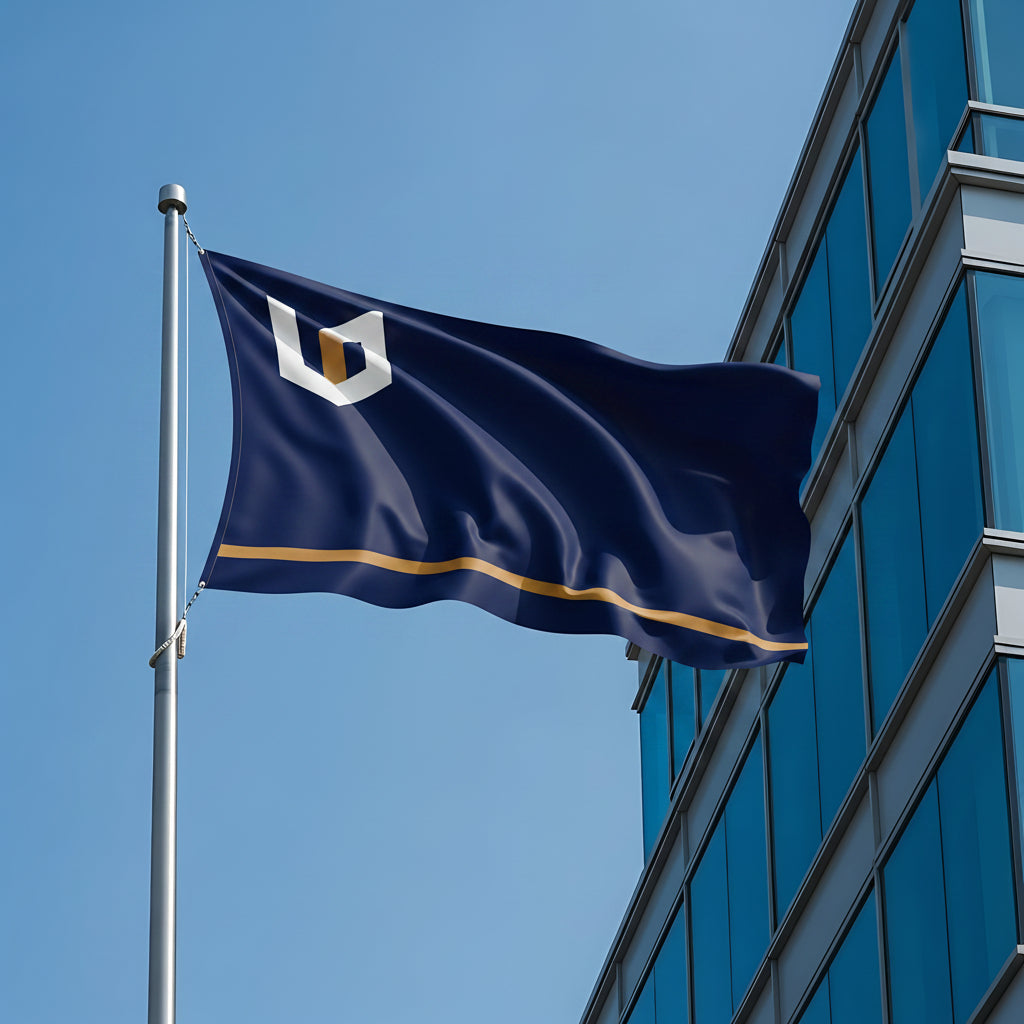 Reklamflagga vid kontorbyggnad
