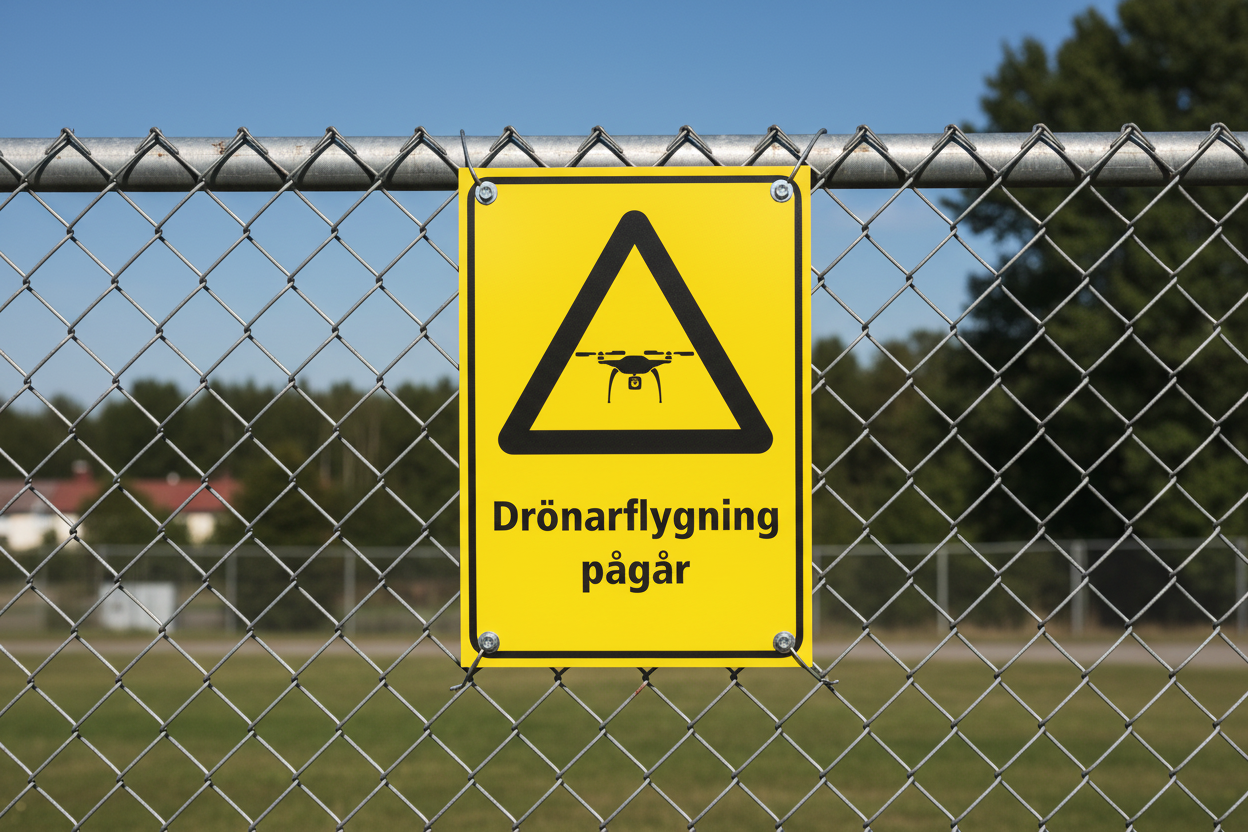 varningsskylt drönarflygning pågår