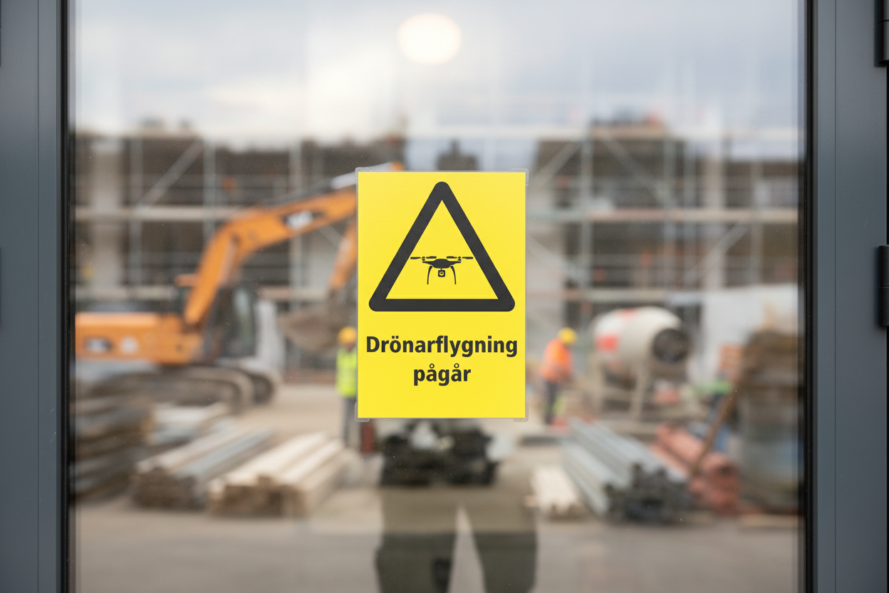Varningsdekal drönarflygning pågår