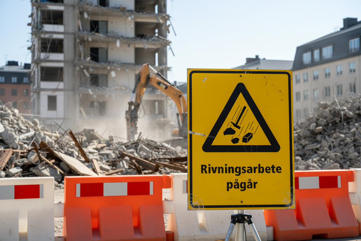 Varningsskylt rivningsarbete pågår