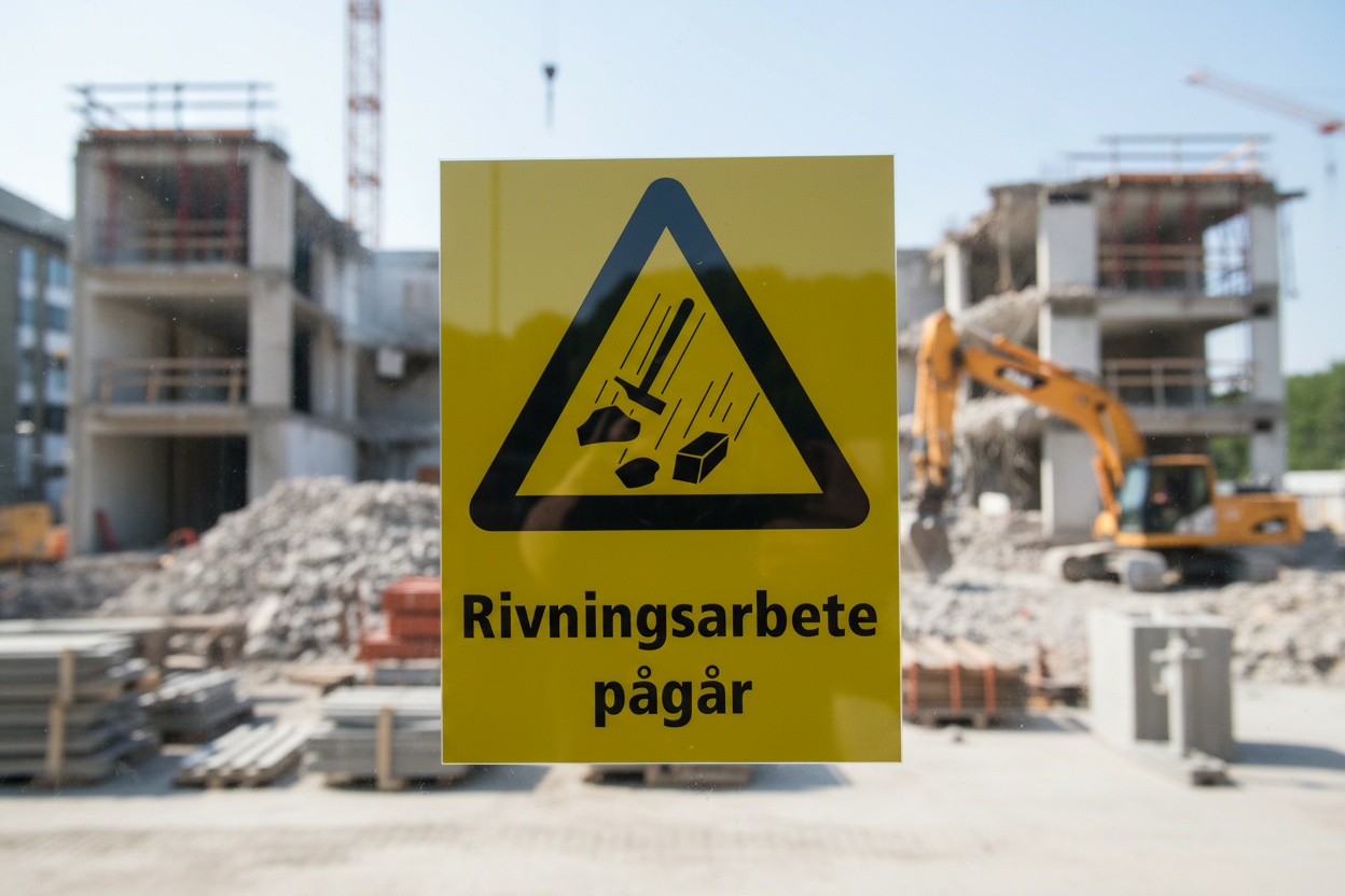 Varningsdekal rivningsarbete pågår